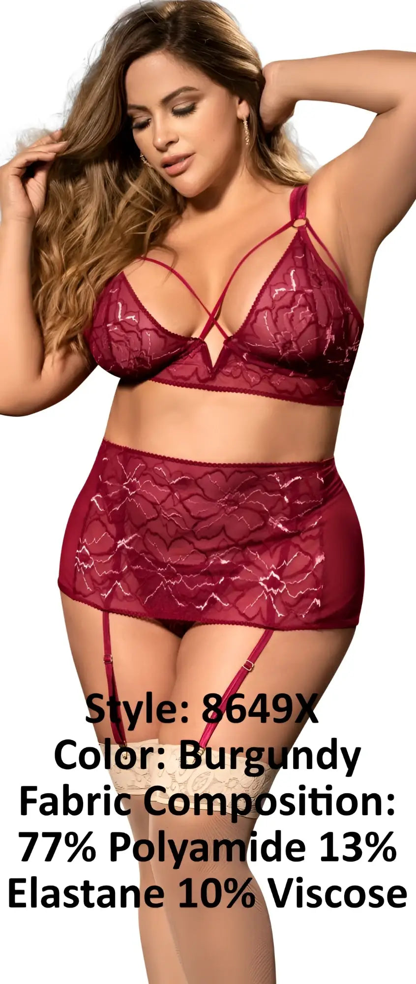 Burgundy lace lingerie set Mapale 8649X featuring intricate floral patterns and a high-waisted design