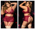 Mapale 8649X burgundy lace lingerie three piece set with matching garter belt and stockings shown from the back