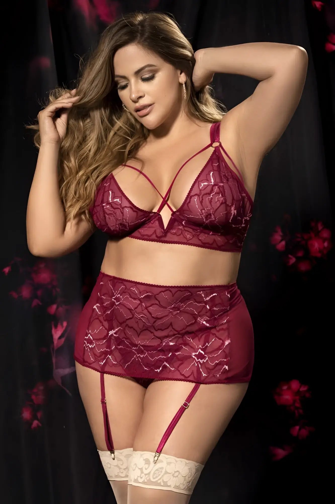 Mapale 8649X burgundy three piece lace lingerie set with floral patterns and matching garter straps with cream thigh highs