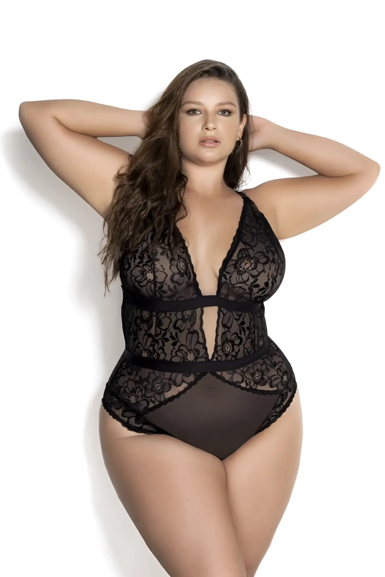 Mapale 8654X black lace bodysuit with floral patterns and a deep v-neckline for elegant lingerie wear