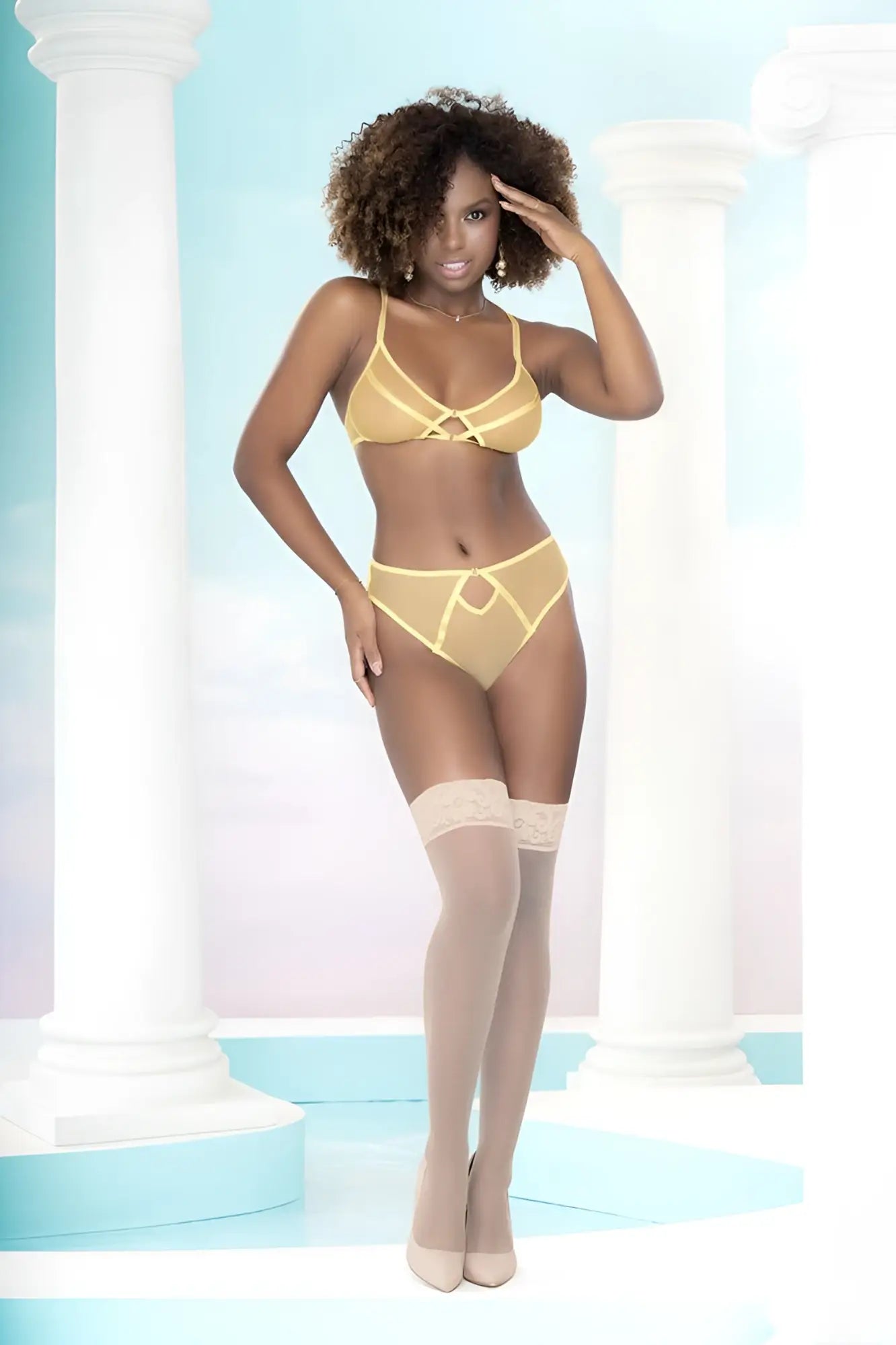 Yellow lace bra and matching thong set in amalfi yellow by mapale featuring delicate floral lace and adjustable straps