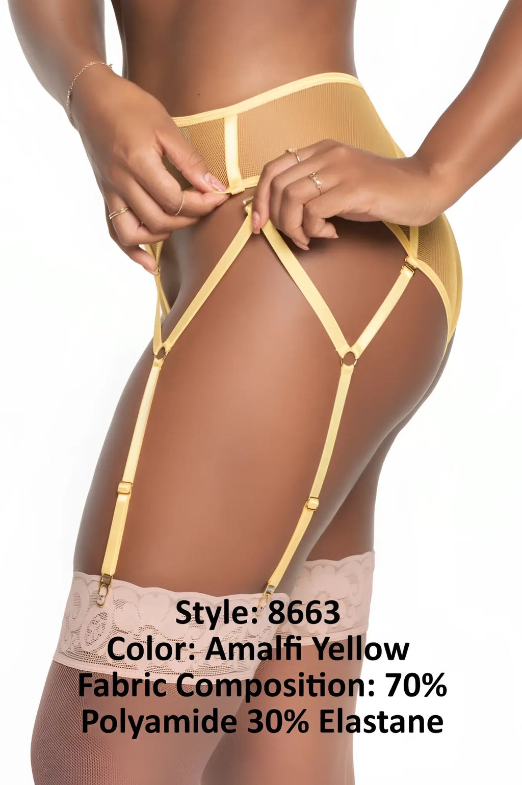 Mapale 8663 two piece set amalfi yellow lace-trimmed thigh-high garter belt with mesh and elastic straps visible