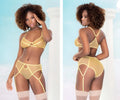 Yellow sheer mesh lingerie set with lace trim and adjustable straps from mapale 8663 in amalfi yellow