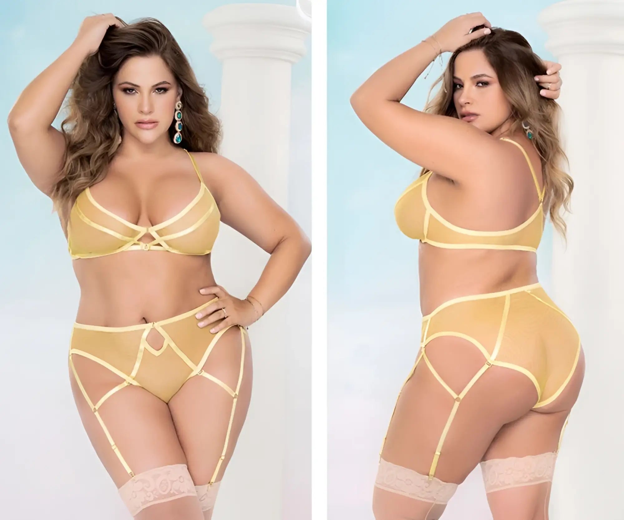 Mapale 8663X two piece set in amalfi yellow gold sheer lace lingerie with thin straps and decorative cutouts