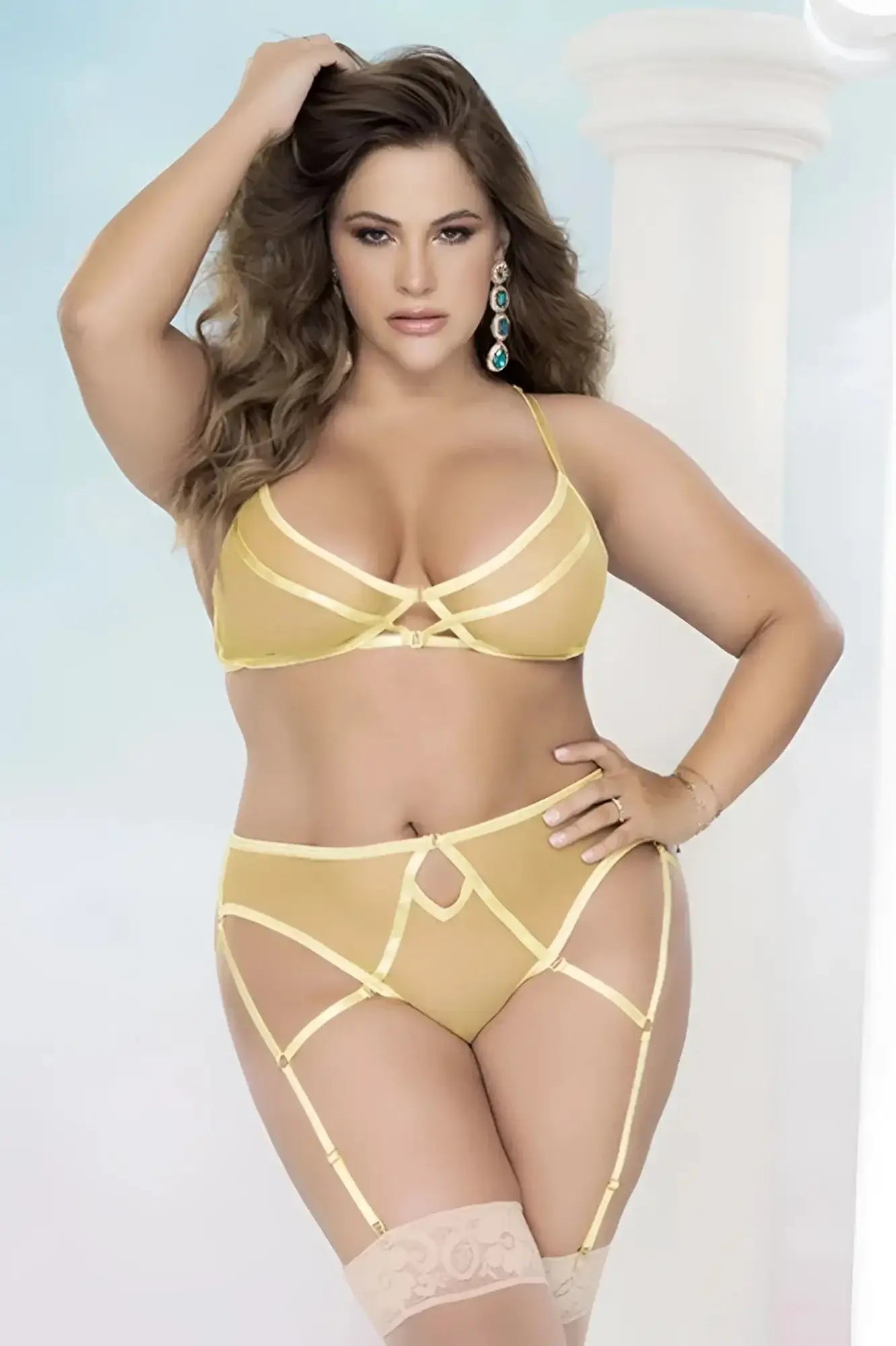 Mapale 8663x two piece set in amalfi yellow sheer mesh lingerie with intricate crisscross straps and lace trim