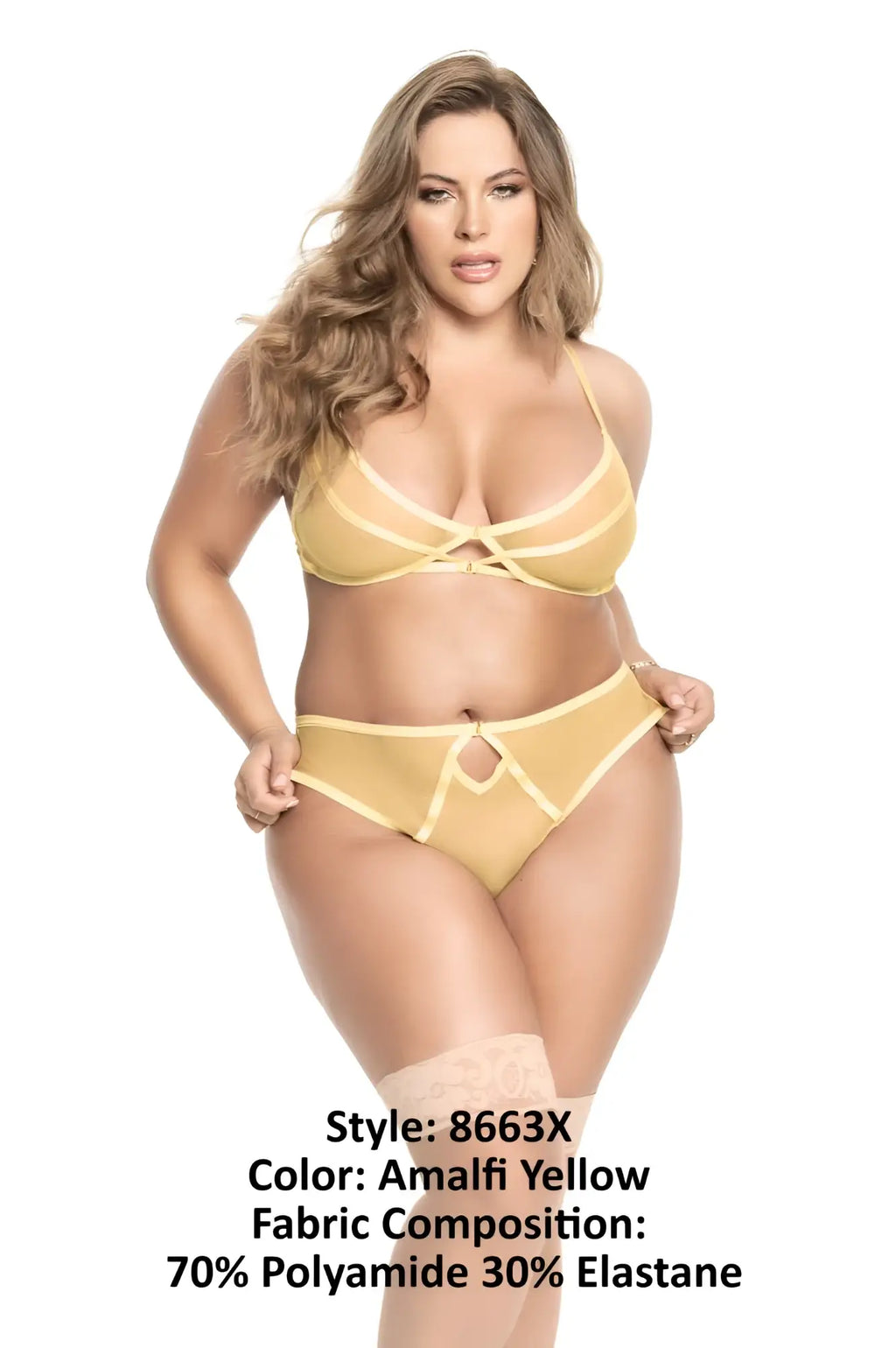 Mapale 8663x two piece set in amalfi yellow featuring a sheer strappy bra with crisscross detail and high-waisted briefs with keyhole cutout