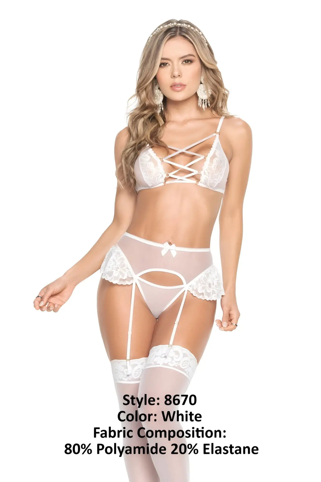 White lace lingerie two piece set by mapale featuring delicate crisscross straps and sheer mesh panels