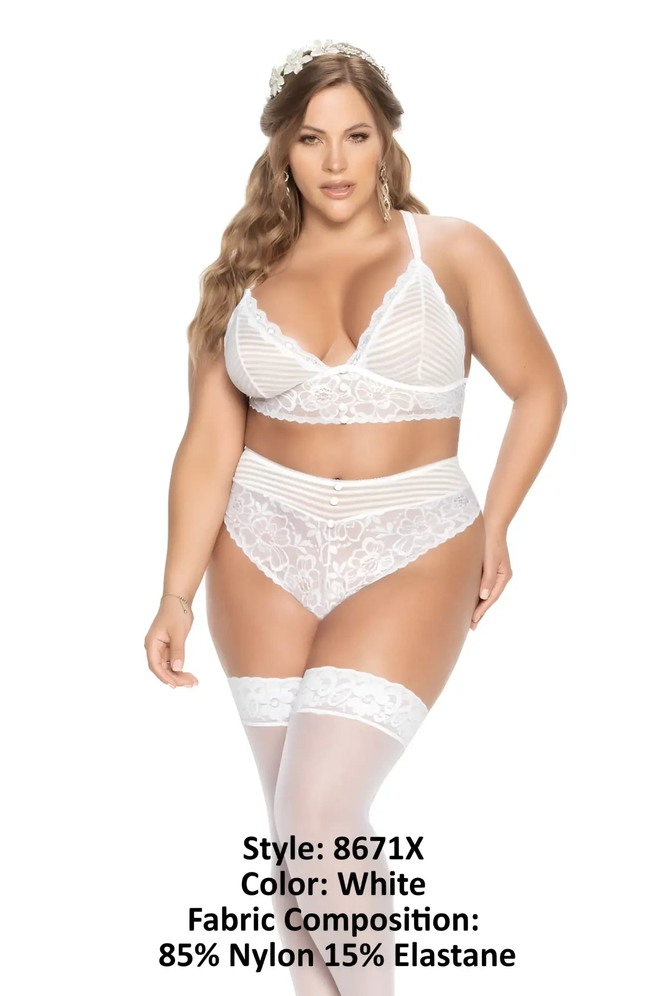 White lace lingerie two piece set by Mapale featuring bra with floral patterns and high-waisted panties in nylon elastane