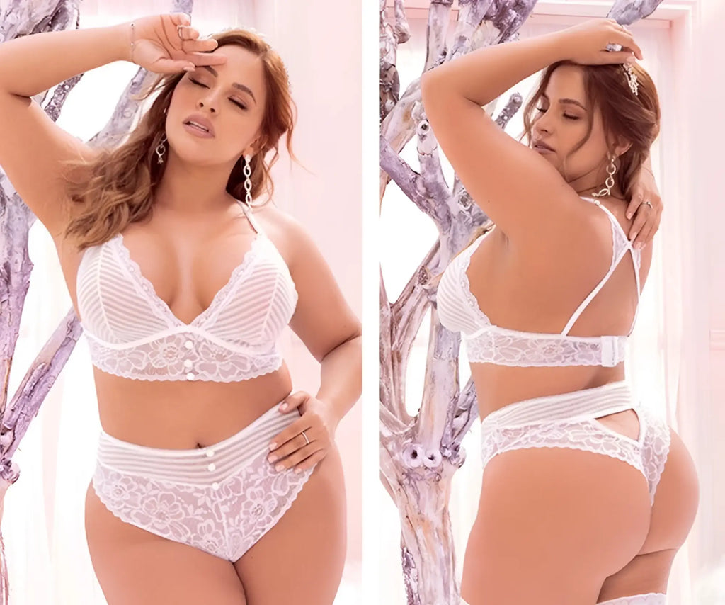 White lace lingerie two piece set with sheer mesh panels and delicate floral detailing by mapale 8671x