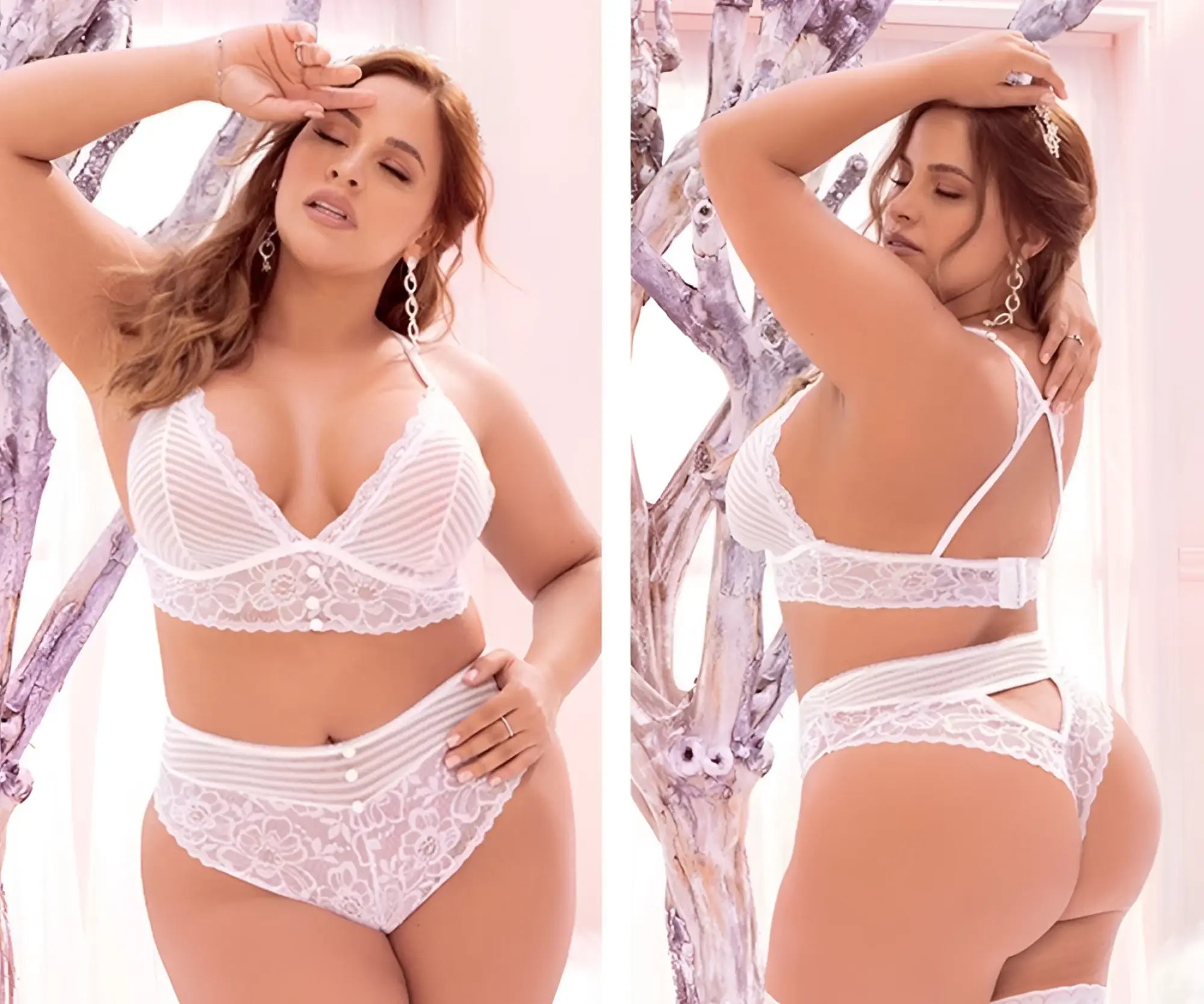 White lace lingerie two piece set with sheer mesh panels and delicate floral detailing by mapale 8671x