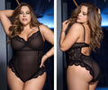 Black lace Mapale 8684X teddy with sheer mesh panels and floral embroidery in black lace material
