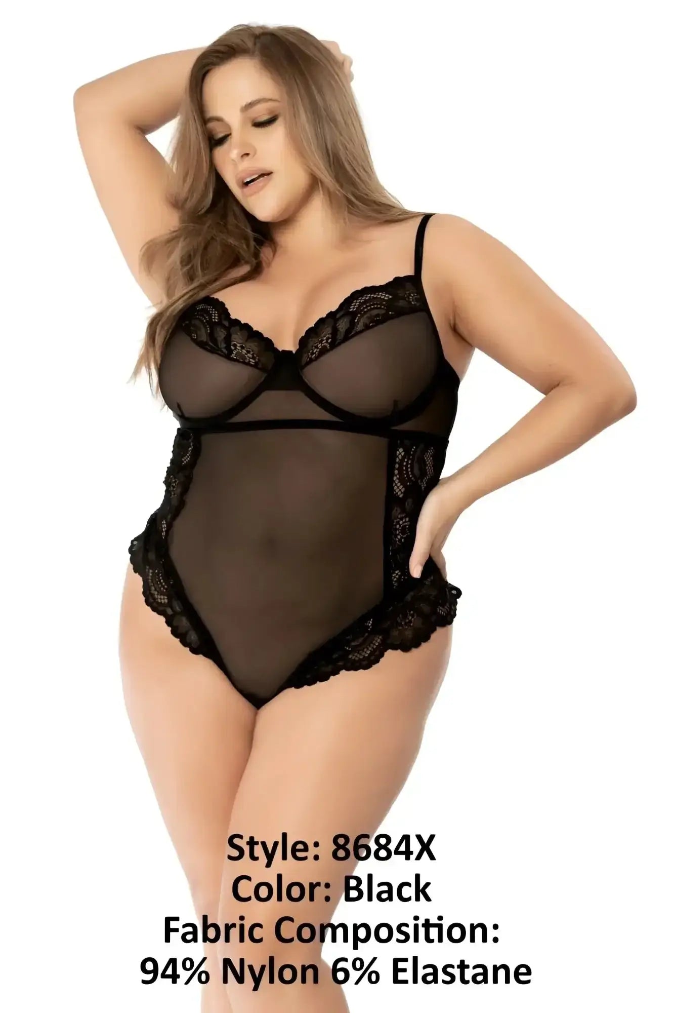 Mapale 8684x teddy black sheer bodysuit with black lace trim and thin straps for elegant lingerie wear