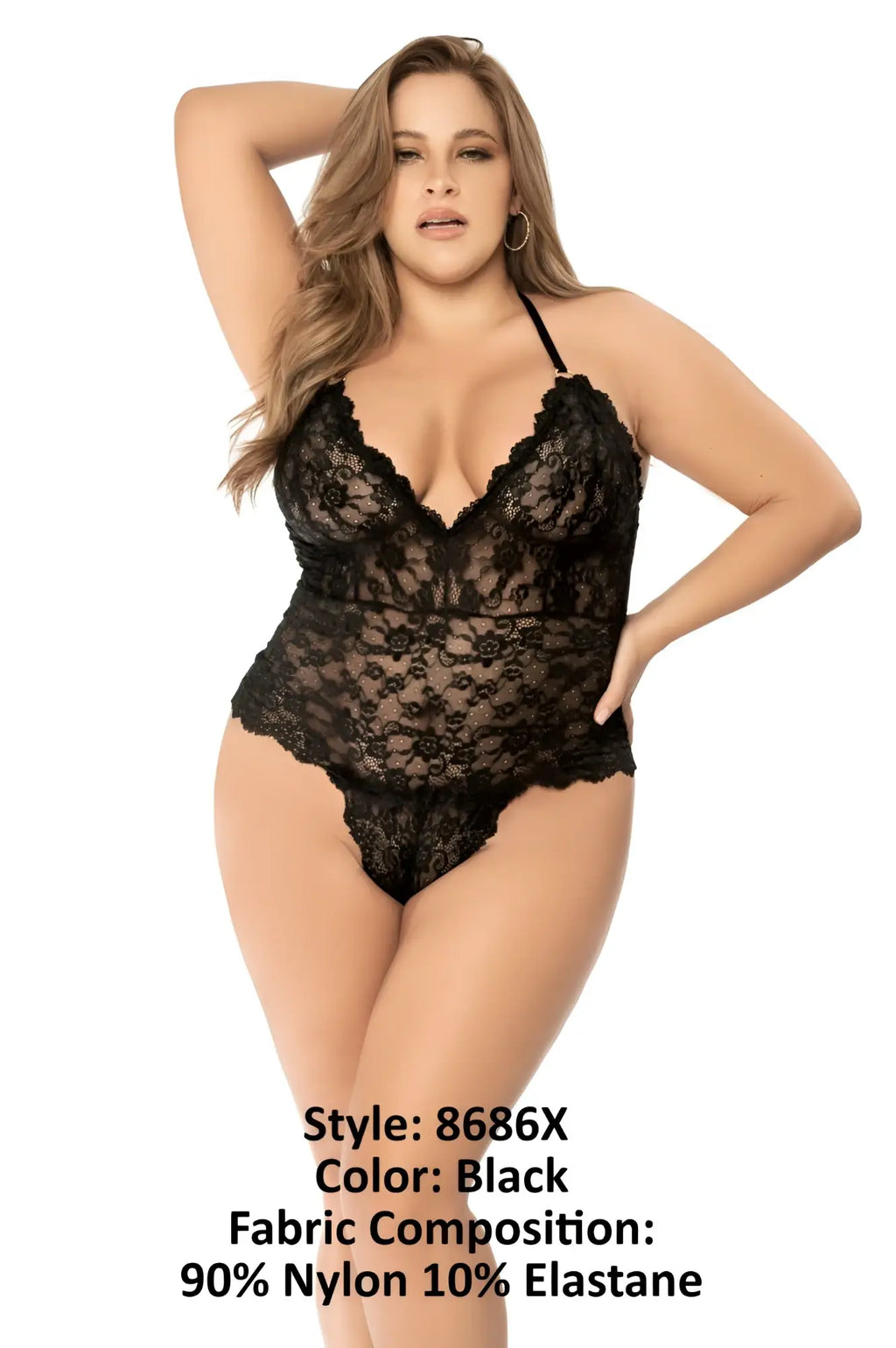 Black lace bodysuit by Mapale 8686X with delicate floral patterns and thin spaghetti straps in black color