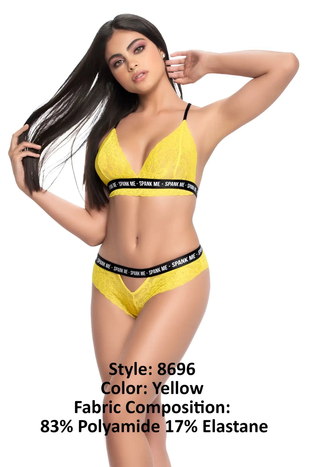 Yellow lace lingerie two piece set with black elastic bands featuring spank me text by Mapale 8696 in yellow