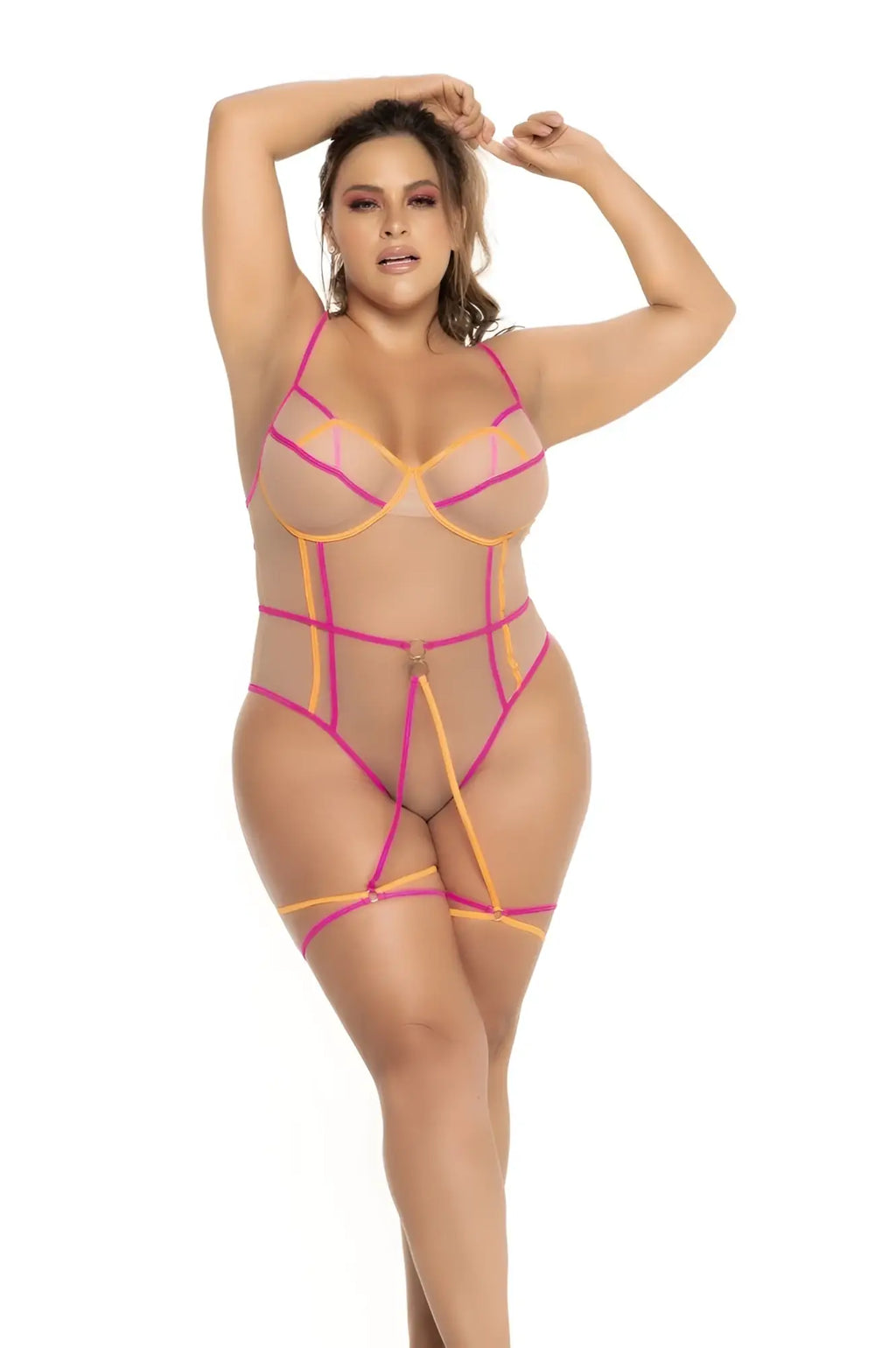 Mapale 8717x teddy color nude-neon sheer transparent bodysuit with vibrant pink and orange geometric mesh straps
