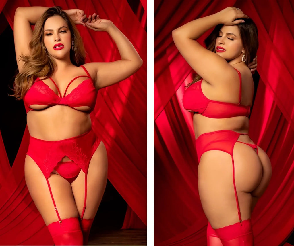 Red lace lingerie set by mapale with garter straps and thigh-high stockings in bold red color for intimate wear