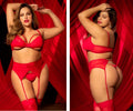 Red lace lingerie set by mapale with garter straps and thigh-high stockings in bold red color for intimate wear