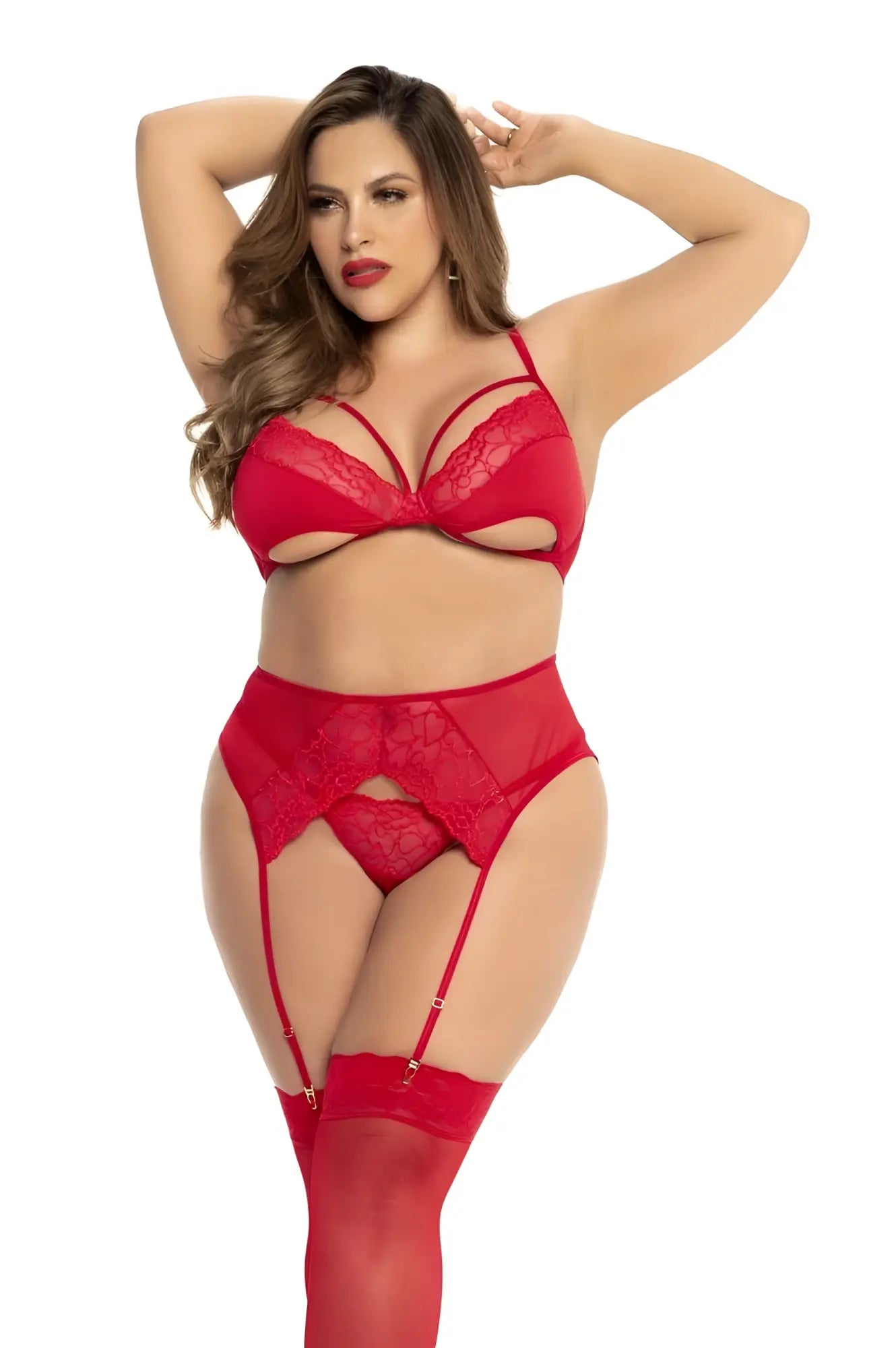 Red lace lingerie set mapale 8726x with matching garter belt and thigh-high stockings in red
