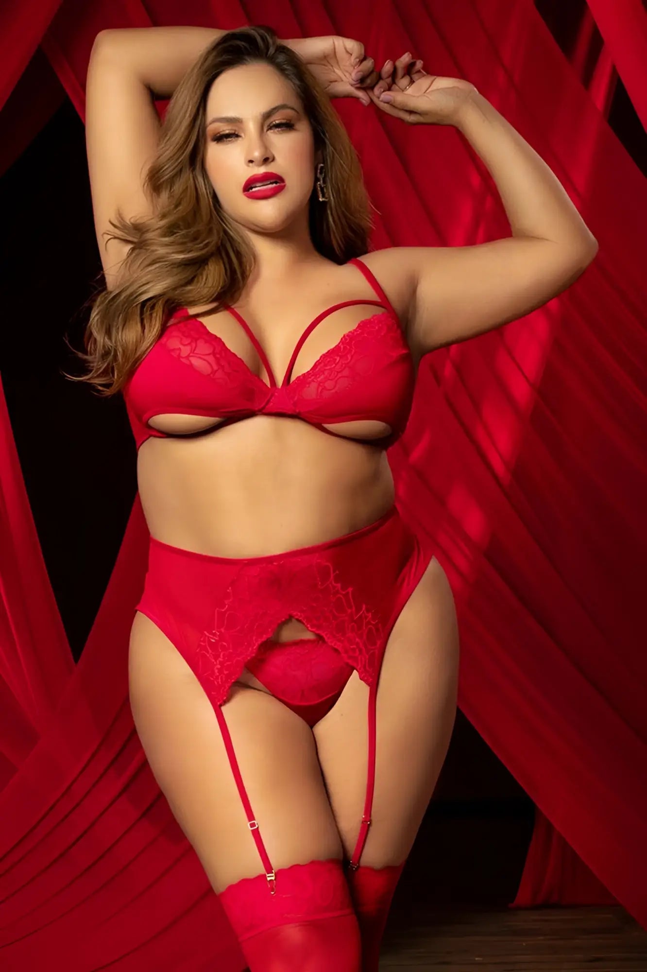 Red lace lingerie three piece set with matching garter belt and thigh-high stockings by mapale in red