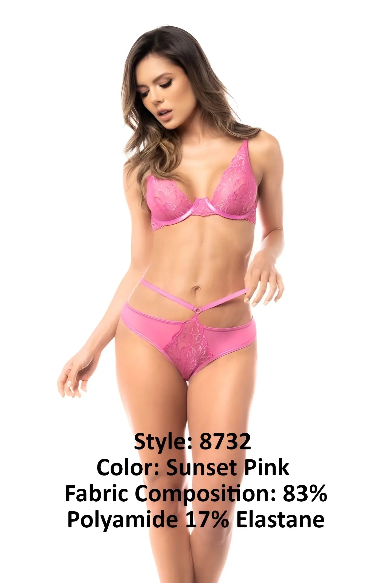 Pink lace lingerie set with bra and thong featuring intricate floral embroidery in sunset pink by mapale 8732