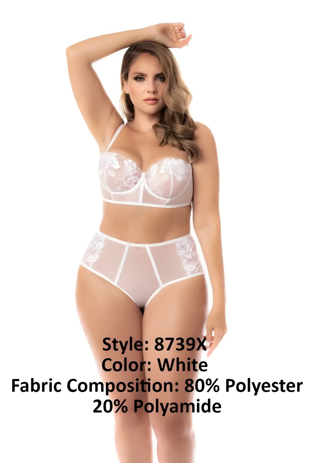 White lace lingerie two piece set by mapale featuring delicate floral embroidery and sheer mesh panels