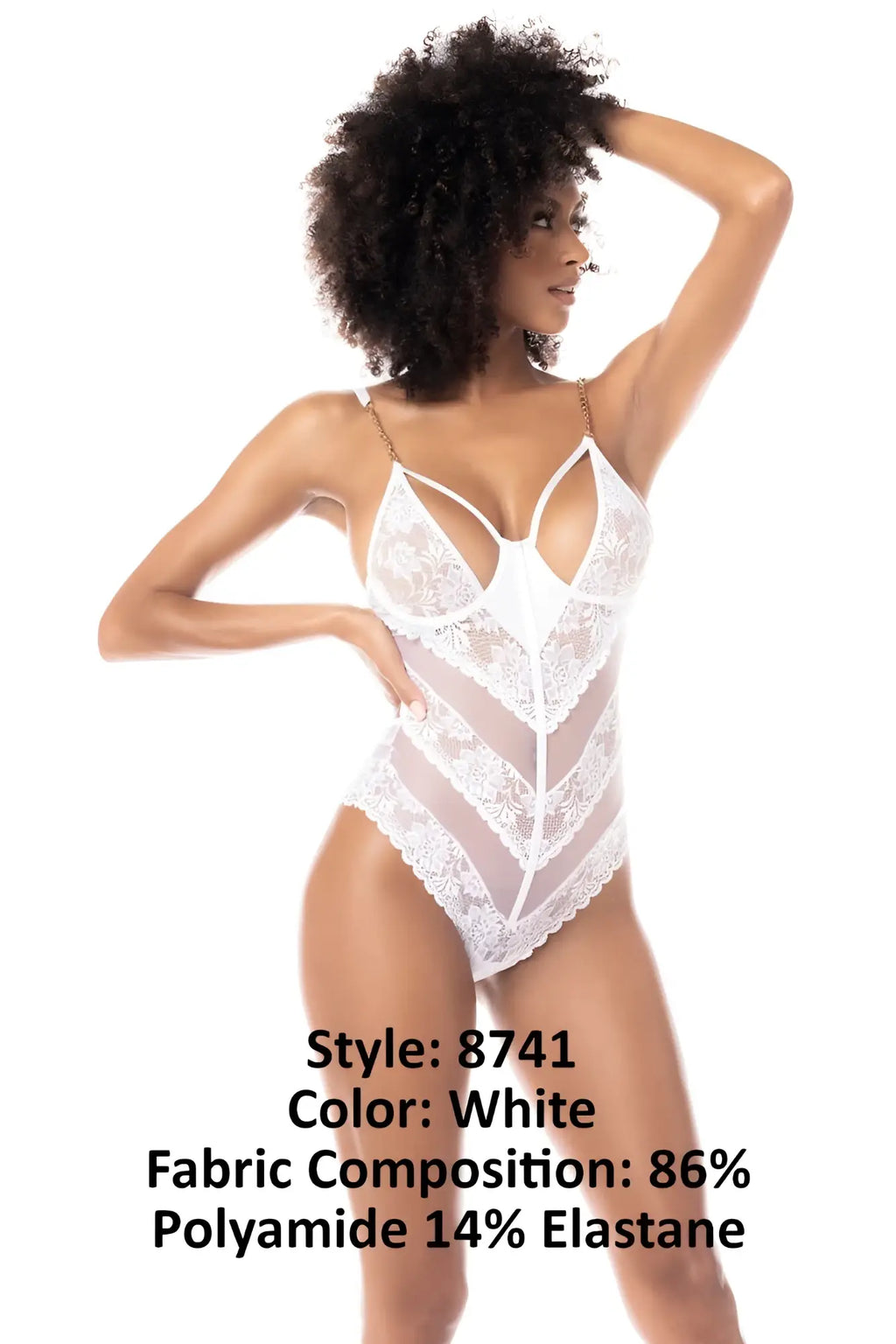 White lace bodysuit with sheer mesh panels and delicate chain straps by mapale 8741 teddy in white color