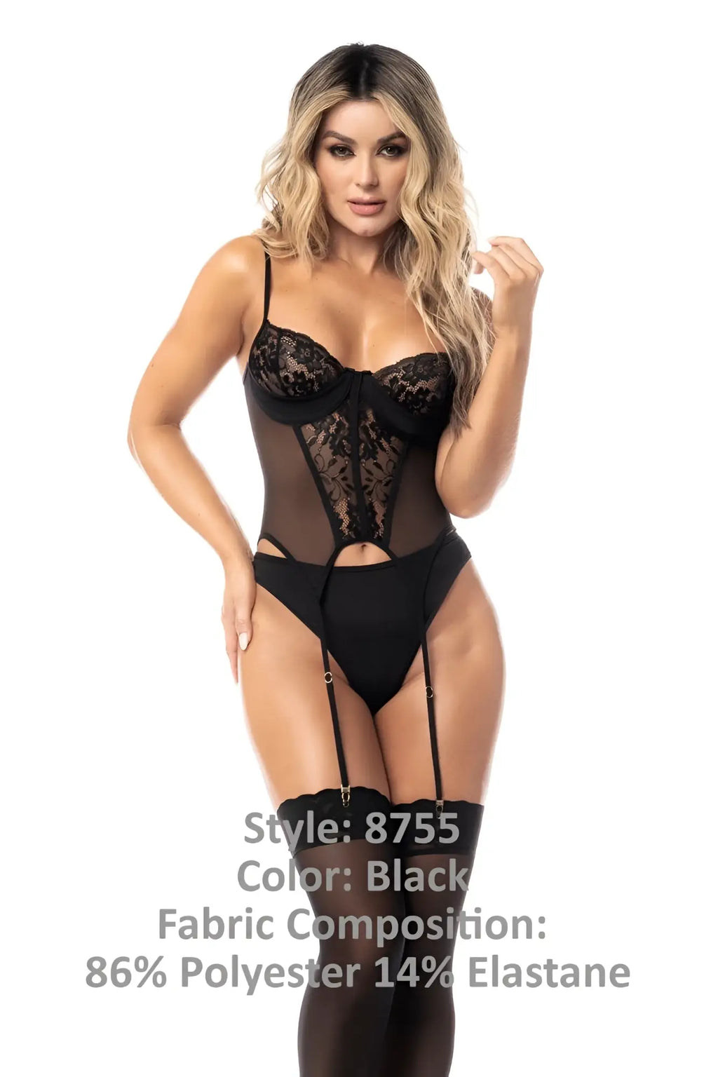 Black lace bodysuit with sheer mesh panels and suspenders from mapale 8755 two piece set in black color