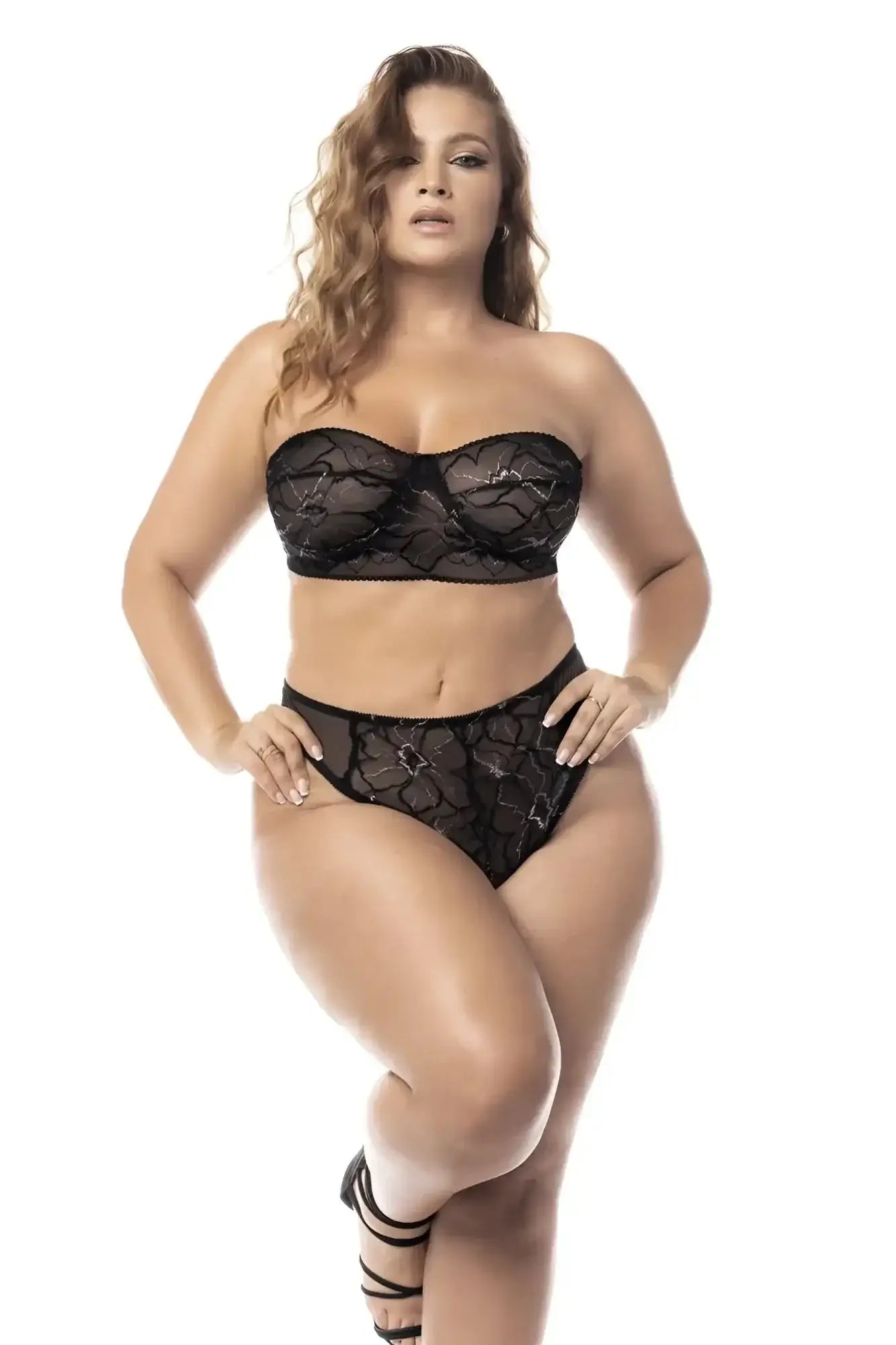Black lace bra and matching high-waisted panties with floral patterns mapale 8761x two piece set in black