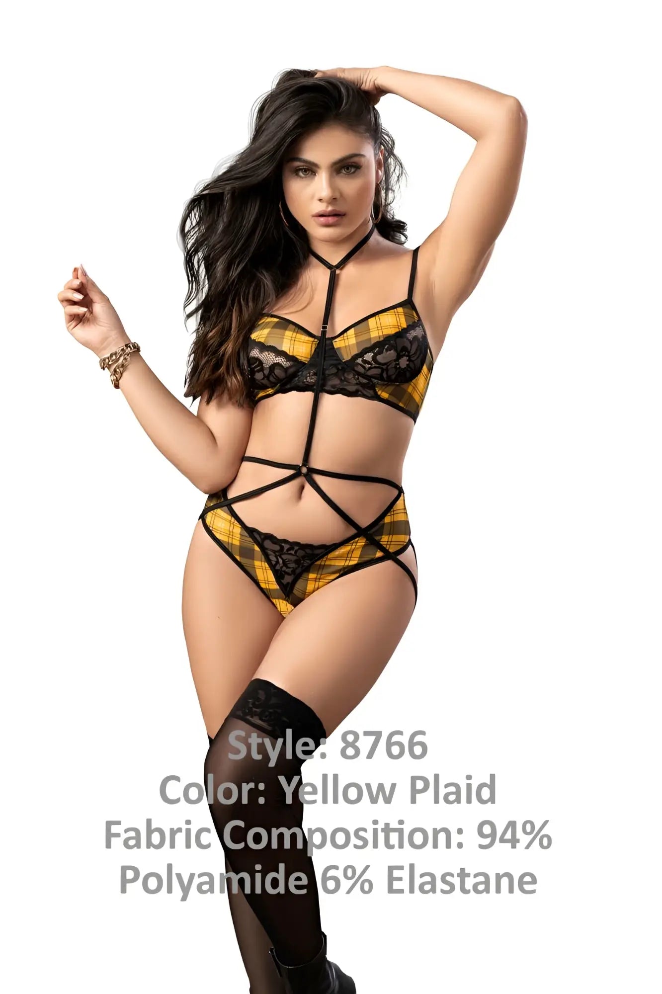 Yellow plaid lace lingerie two piece set by mapale with black trim and crisscross straps in front view