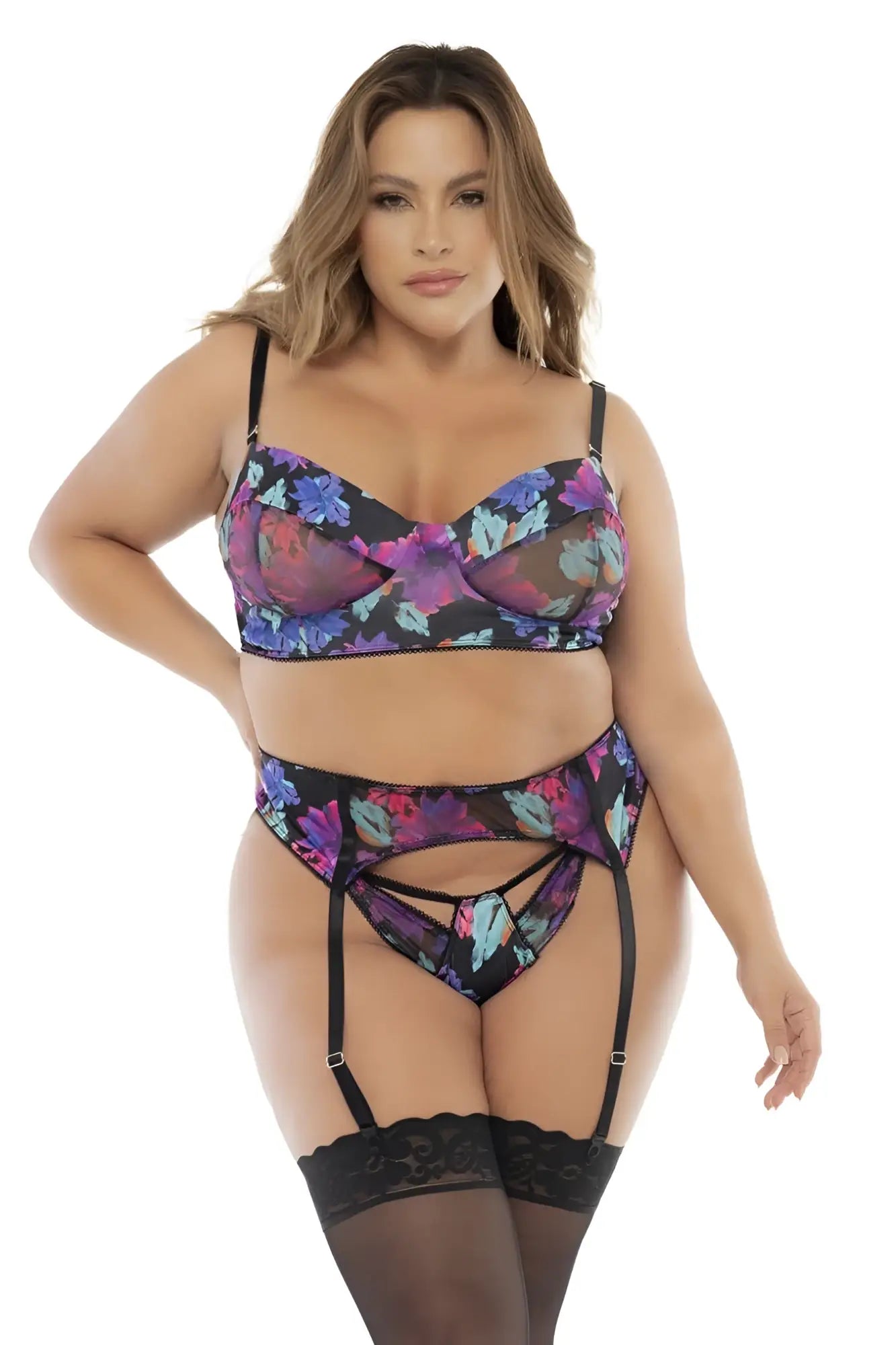 Mapale 8770X three piece set black floral lingerie with sheer mesh and lace trim for elegant intimate wear