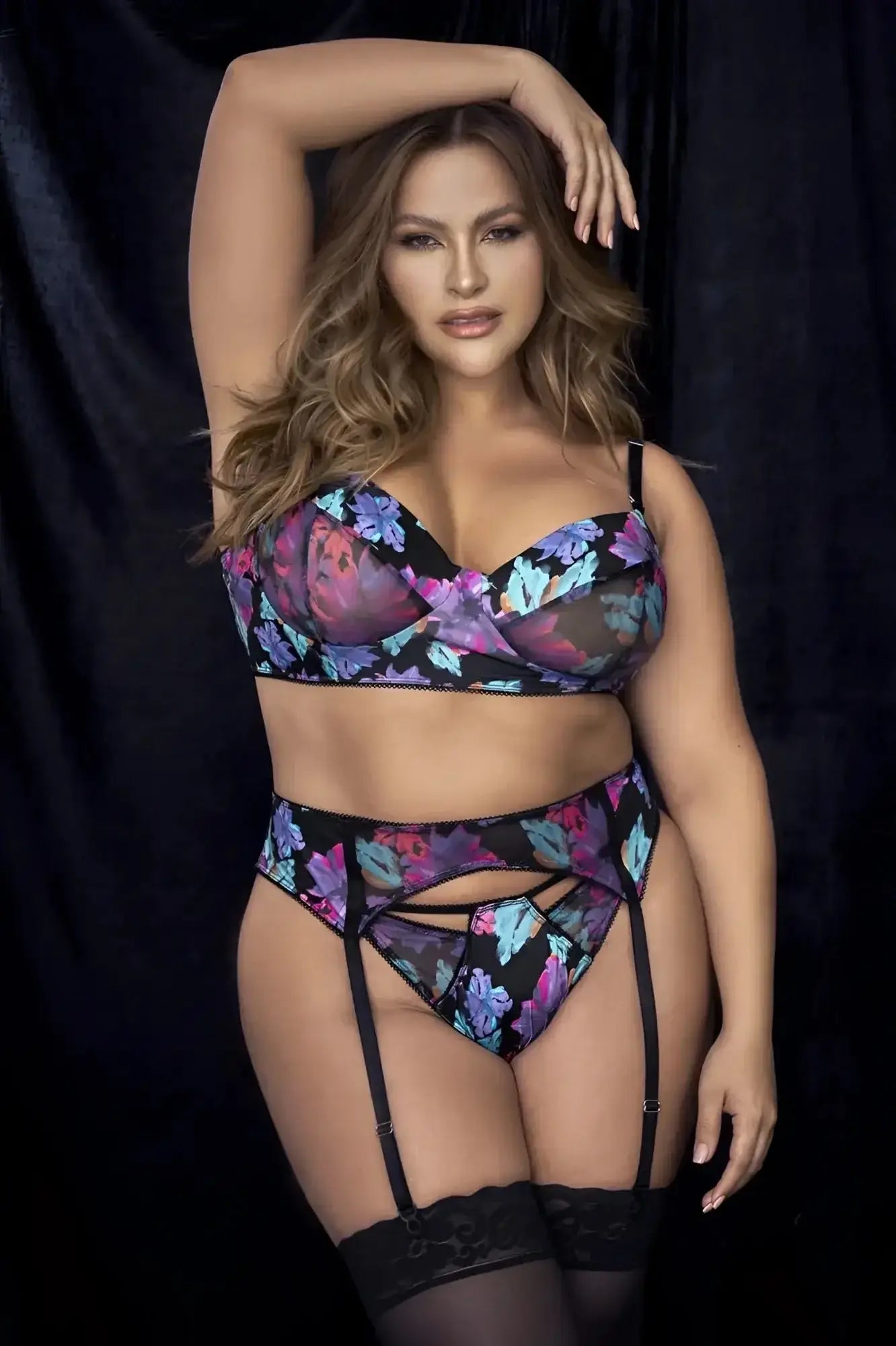 Mapale 8770X color dream flower print black floral lingerie set with sheer mesh lace trim three piece set