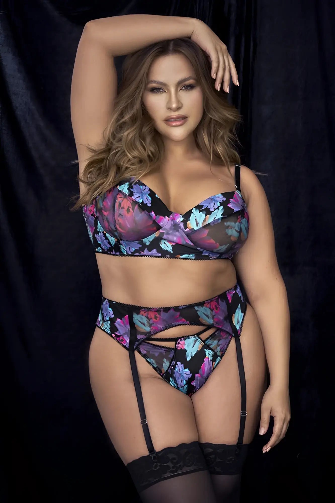Mapale 8770X color dream flower print black floral lingerie set with sheer mesh lace trim three piece set