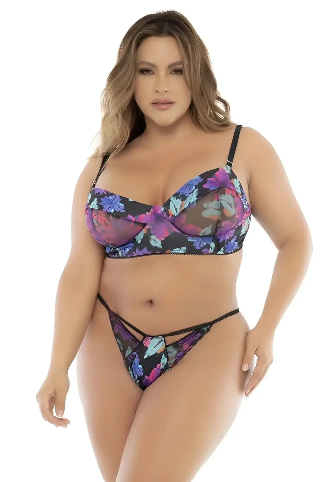 Mapale 8770x black lace bra with vibrant purple and blue floral pattern in dream flower print three piece set