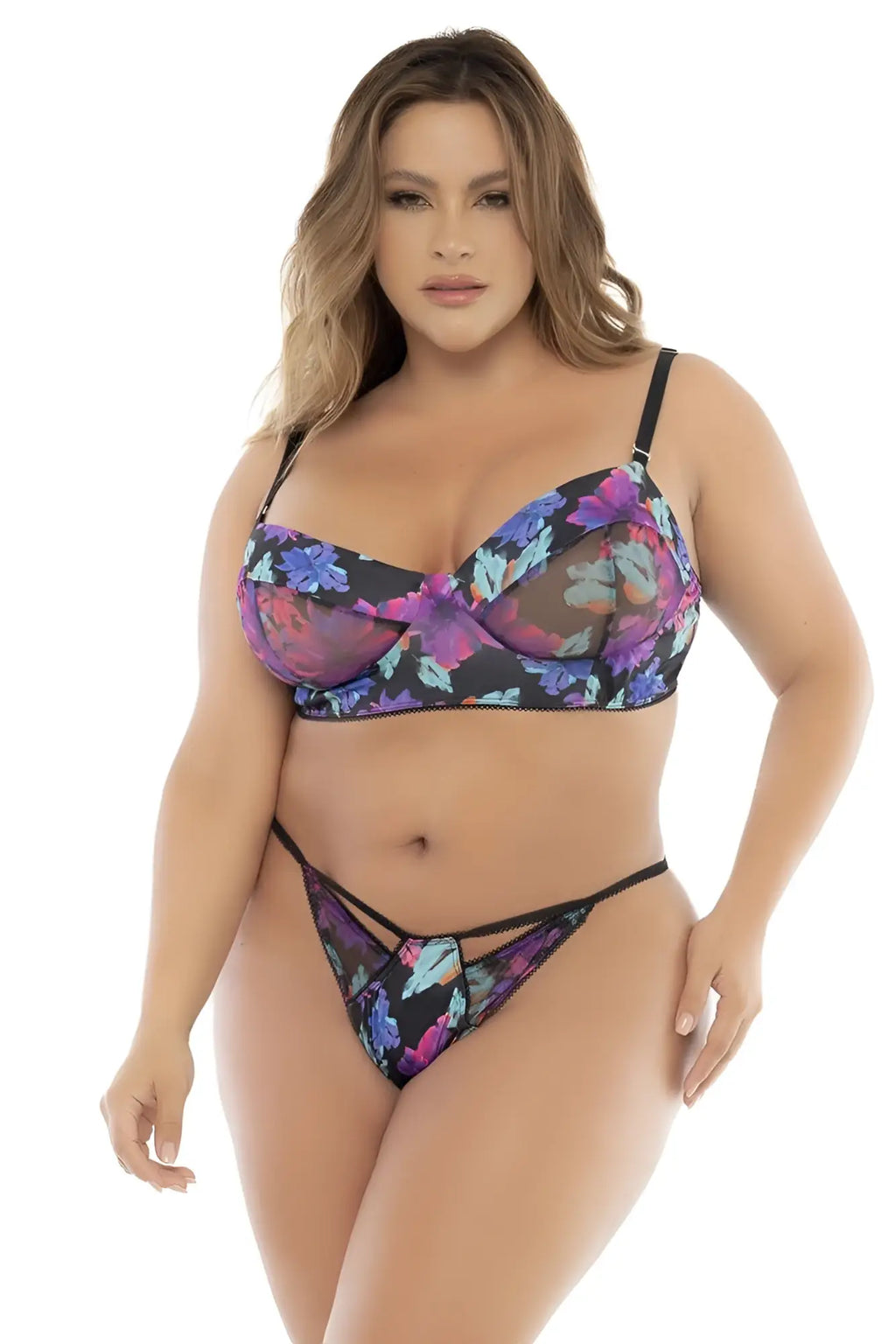 Mapale 8770x black lace bra with vibrant purple and blue floral pattern in dream flower print three piece set