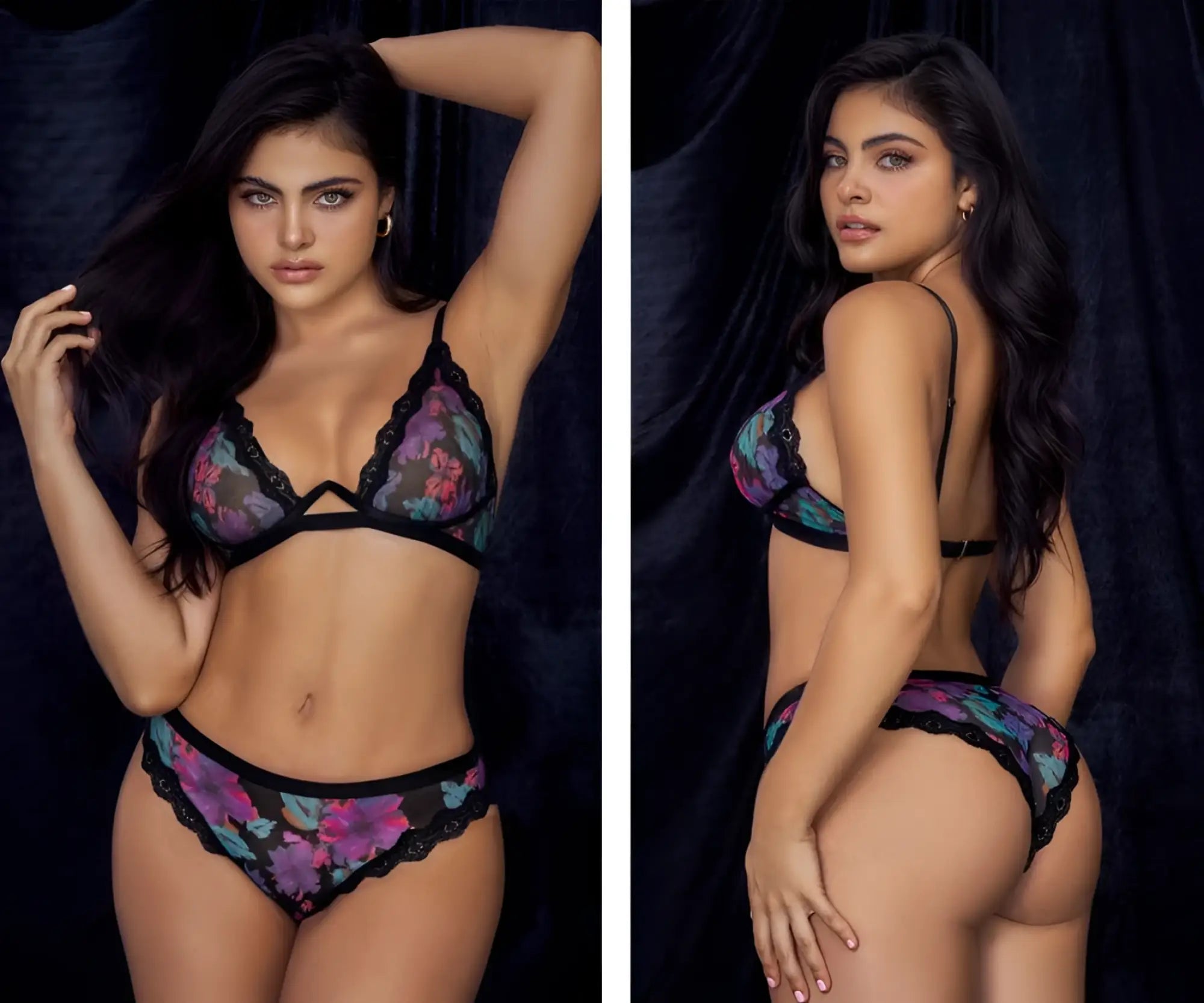 Black lace Mapale 8771 two piece bra and panties set with vibrant purple pink teal floral embroidery