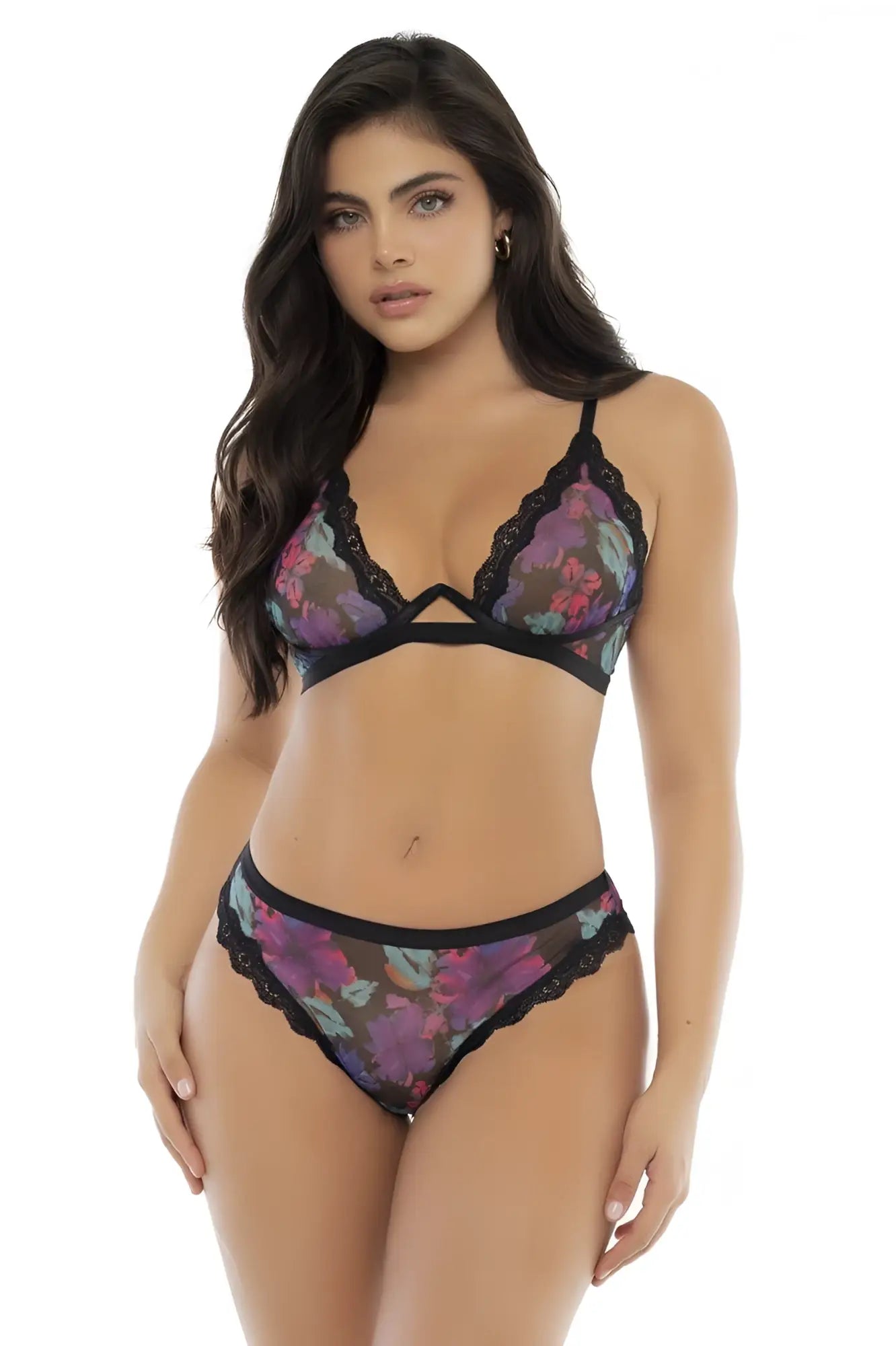 Mapale 8771 two piece set black lace-trimmed floral lingerie with purple and pink blossoms on sheer mesh base