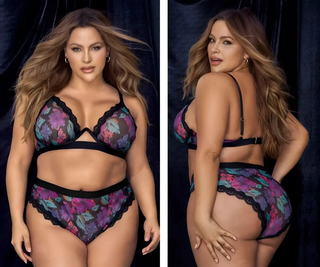 Mapale 8771X two piece lingerie set featuring purple and teal floral print with black lace trim