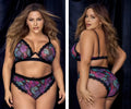 Mapale 8771X two piece lingerie set featuring purple and teal floral print with black lace trim
