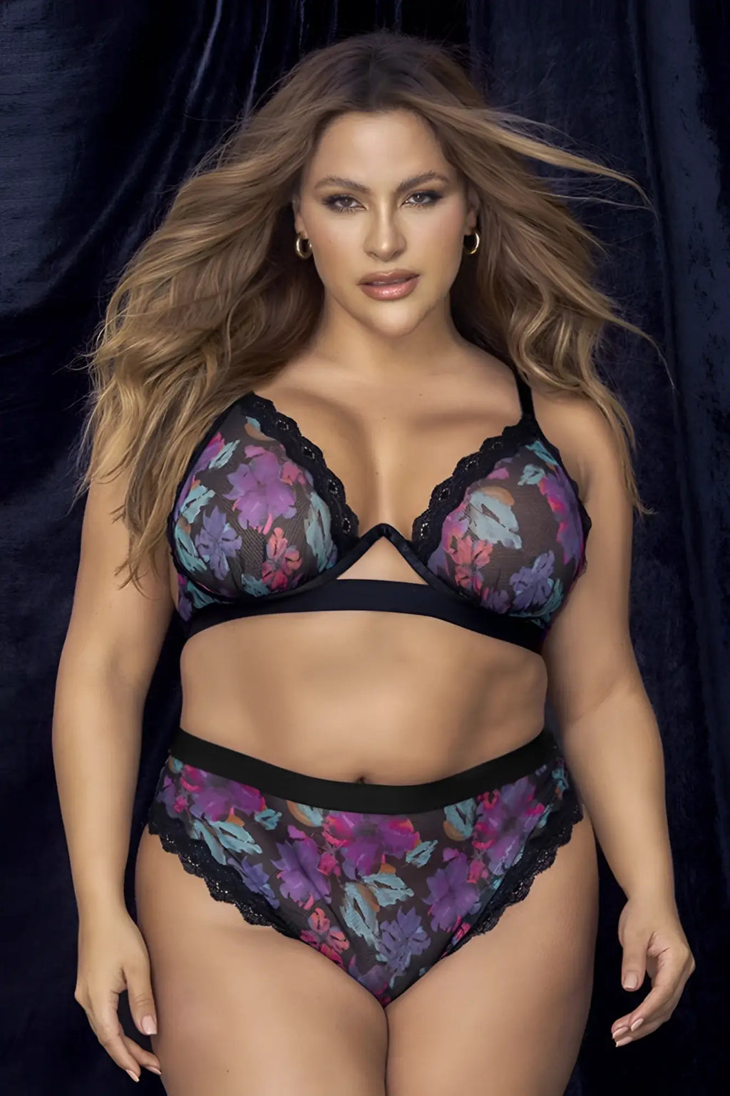 Black lace-trimmed floral bra and panties set with purple pink and teal blossoms mapale 8771x color dream flower print