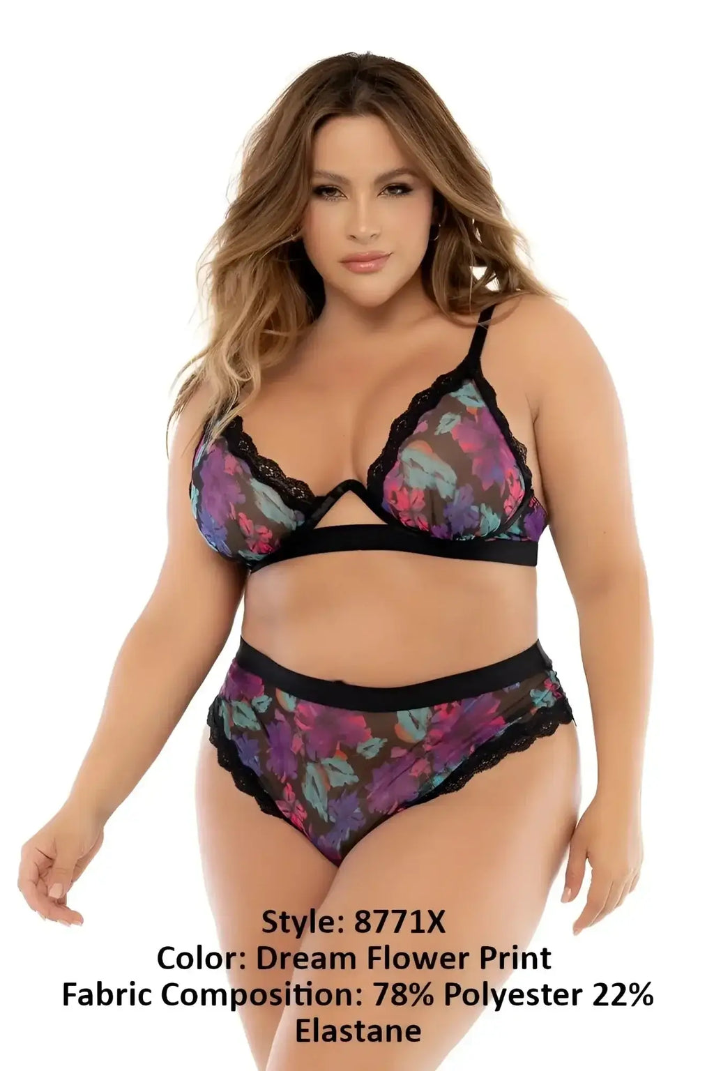 Mapale 8771X two piece plus-size lingerie set with black lace trim and vibrant purple pink teal dream flower print
