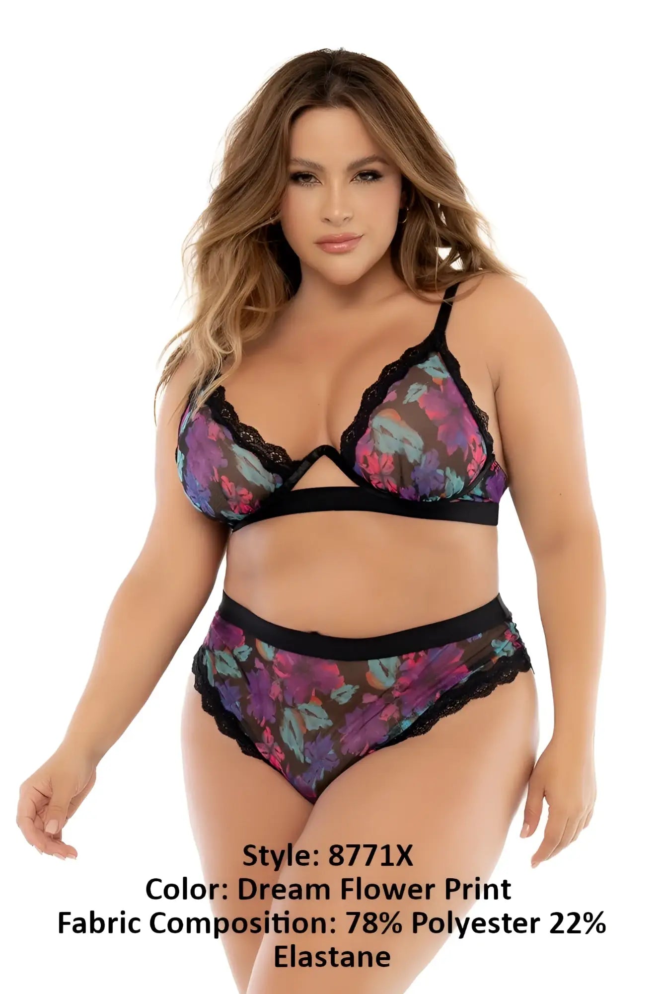 Mapale 8771X two piece plus-size lingerie set with black lace trim and vibrant purple pink teal dream flower print