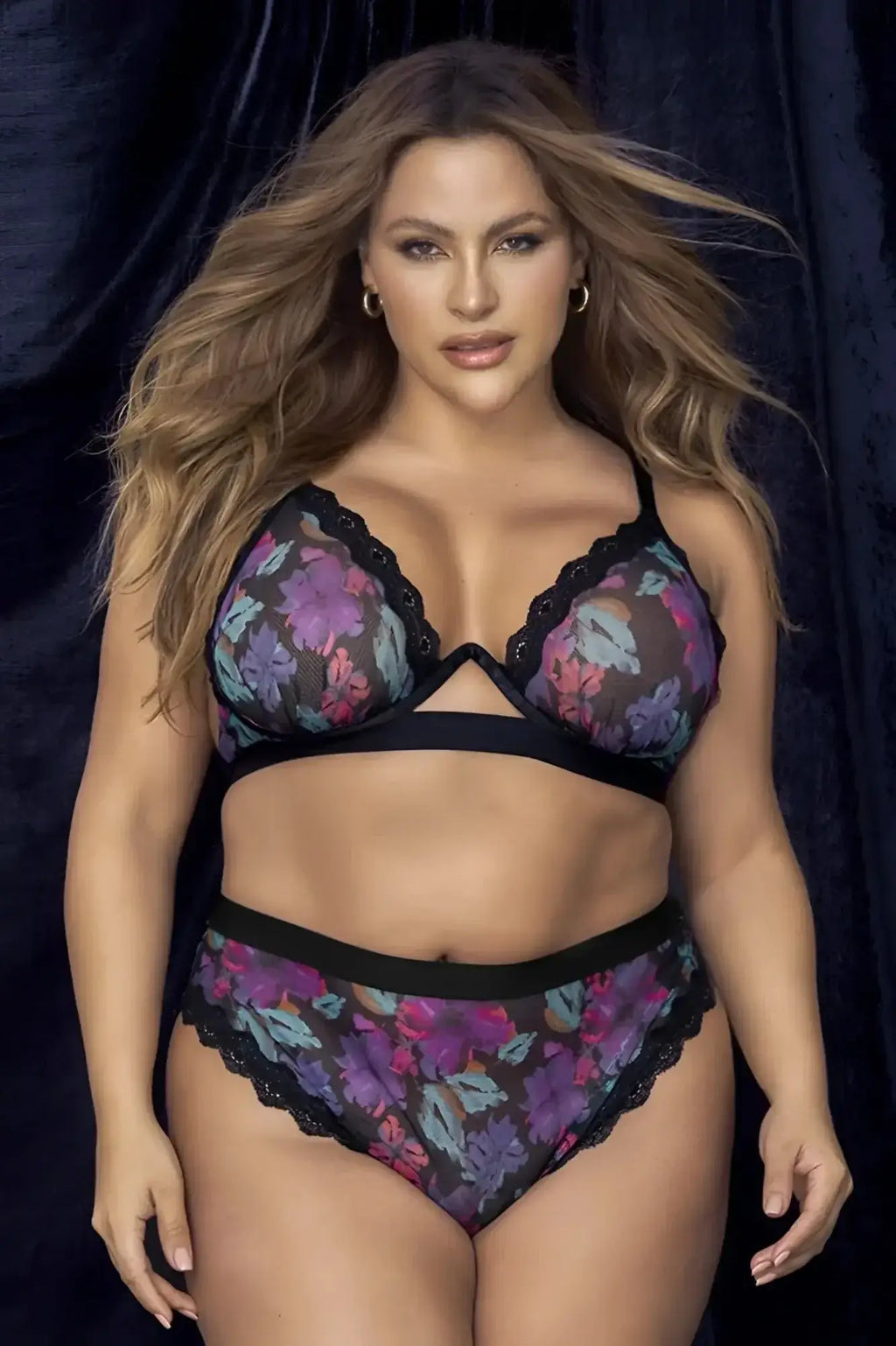 Black lace-trimmed floral bra and panties set with purple pink and teal blossoms mapale 8771x color dream flower print
