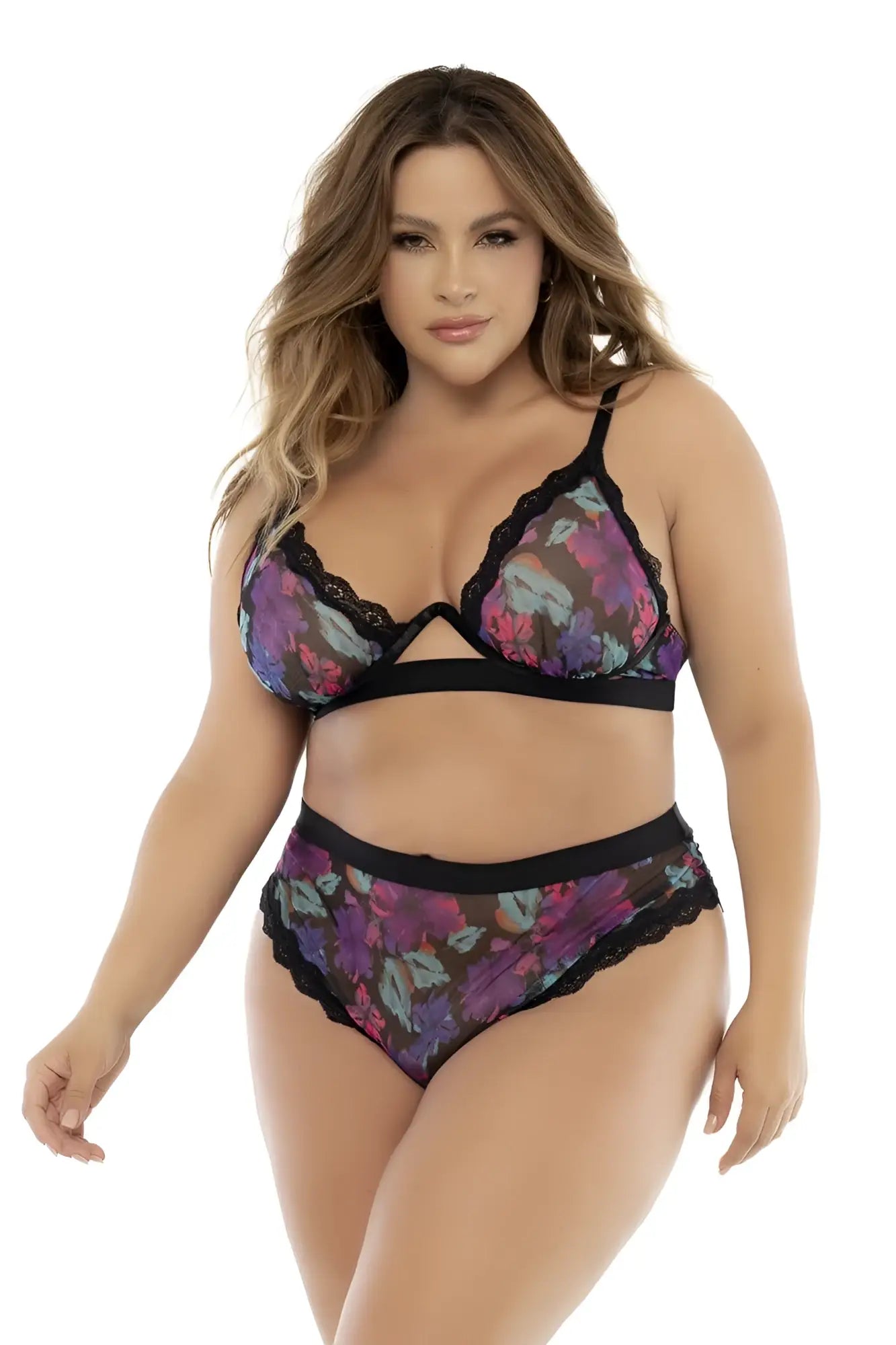 Mapale 8771X two piece set purple and pink floral lace bra with black trim in dream flower print