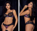 Mapale 8772 two piece set black lace bra and panties with vibrant purple and teal dream flower print