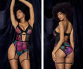 Black and vibrant floral-patterned mapale 8774 teddy with sheer mesh panels and adjustable garter straps