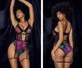 Black and vibrant floral-patterned mapale 8774 teddy with sheer mesh panels and adjustable garter straps