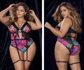 Black one-piece teddy bodysuit with vibrant pink purple teal floral print and adjustable black straps by Mapale