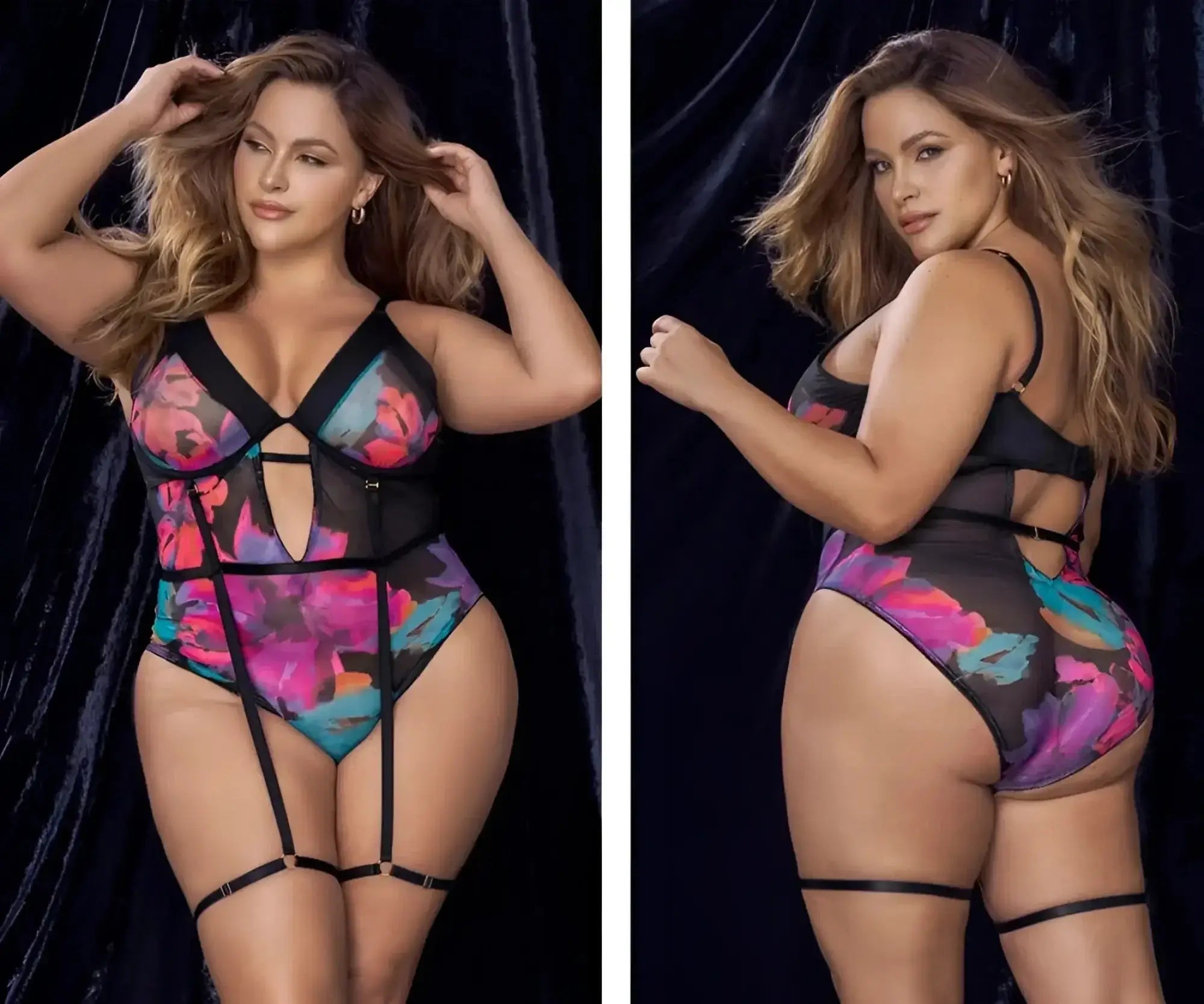 Black one-piece teddy bodysuit with vibrant pink purple teal floral print and adjustable black straps by Mapale