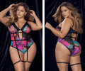 Black one-piece teddy bodysuit with vibrant pink purple teal floral print and adjustable black straps by Mapale
