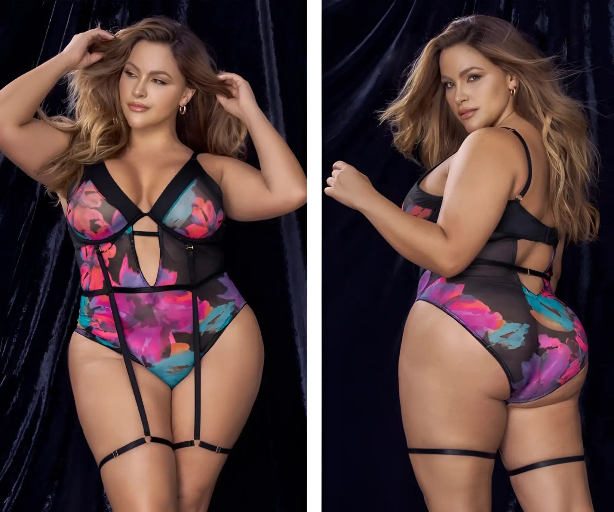 Black one-piece teddy bodysuit with vibrant pink purple teal floral print and adjustable black straps by Mapale